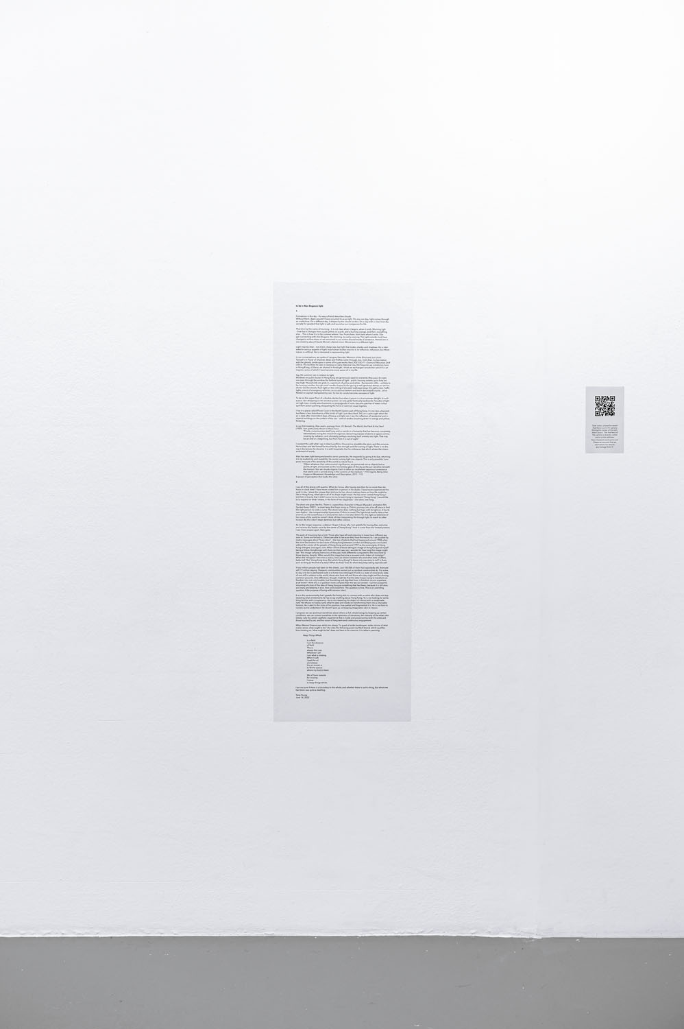Text glued to the wall of the exhibition space at CAN in Neuchatel, part of "Parallels - Part 2 : The Commuter"